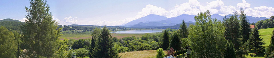 Panoramarundblick von den Bungalows zum See